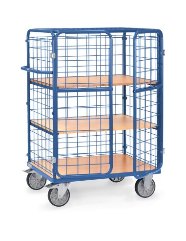 Fetra Etagenwagen mit 3 Böden, 3 Drahtgitterwänden, Dach, Flügeltüren, Höhe 1500