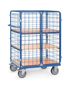 Fetra Etagenwagen mit 3 Böden, 3 Drahtgitterwänden, Dach, Flügeltüren, Höhe 1500 2