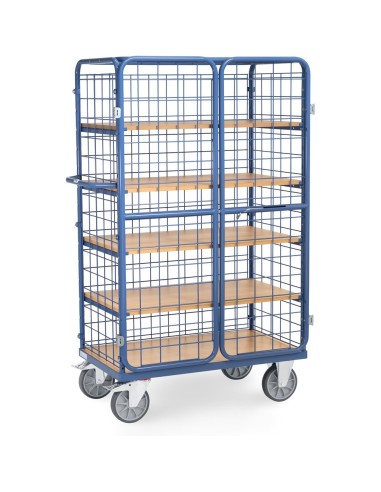 Fetra Etagenwagen mit 3 Böden, 3 Drahtgitterwänden, Dach, Flügeltüren, Höhe 1800