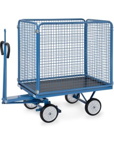 Fetra Handpritschenwagen mit 4 Drahtgitterwänden, 1000 mm hoch, Vollgummibereifung, Zugöse an Deichsel