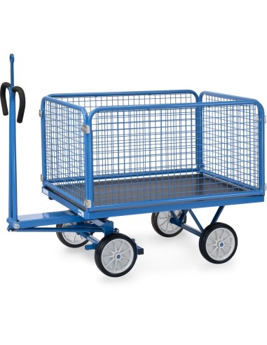 Fetra Handpritschenwagen mit 4 Drahtgitterwänden, 600 mm hoch, Vollgummibereifung, Zugöse an Deichsel