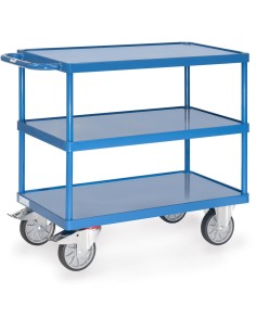 Fetra Tischwagen mit 3 Stahlblech-Wannen und 10 mm hohem Rand, Tragkraft 500 / 600 kg