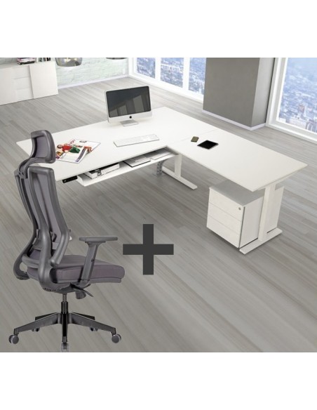 SET : Steh-Sitz Eck-Schreibtisch ERGO + ERGO Bürostuhl