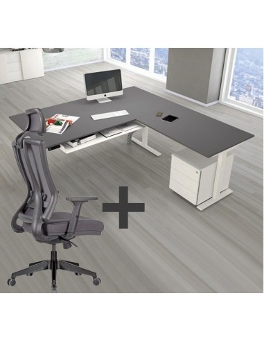 SET : Steh-Sitz Eck-Schreibtisch ERGO + ERGO Bürostuhl