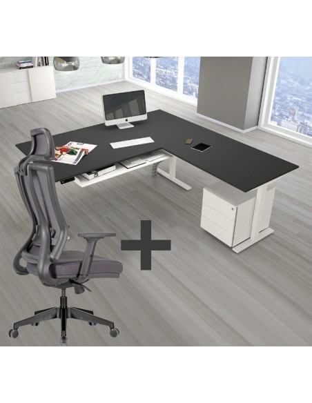 SET : Steh-Sitz Eck-Schreibtisch ERGO + ERGO Bürostuhl