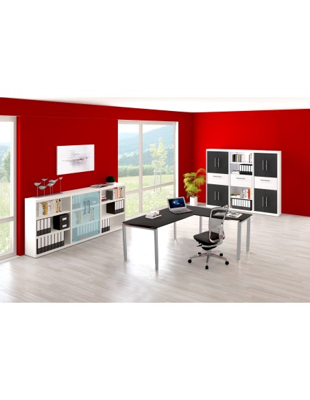 StageOne L-Form höhenverstellbarer Schreibtisch rechteckig, 4-Fuss-Gestell, 180x80cm - Anbau 100x60cm