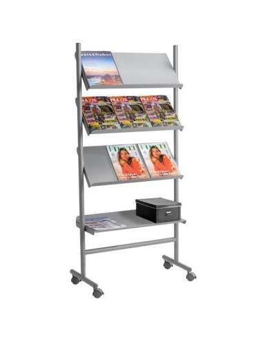 Prospektregal Praktica alusilber mit Rollen für 12 A4 Formate