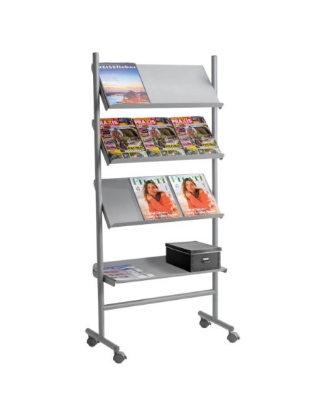 Prospektregal Praktica alusilber mit Rollen für 12 A4 Formate