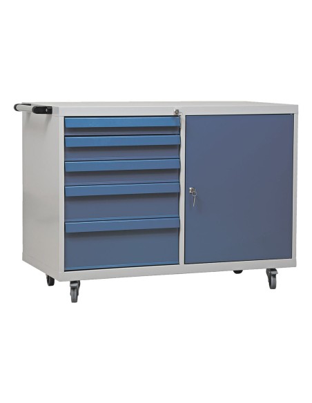 Wolfstahl Werkstattwagen mit Flügeltürenfach stahl 5 Schubladen 109x60x84cm lichtgrau - enzianblau