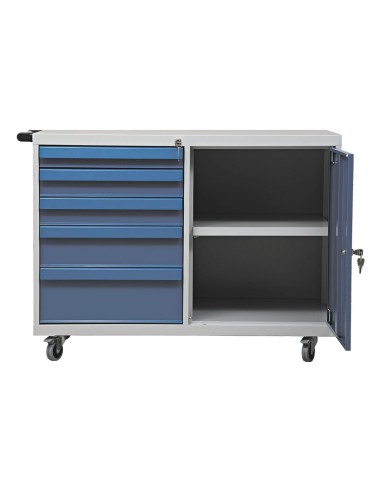 Wolfstahl Werkstattwagen mit Flügeltürenfach stahl 5 Schubladen 109x60x84cm lichtgrau - enzianblau
