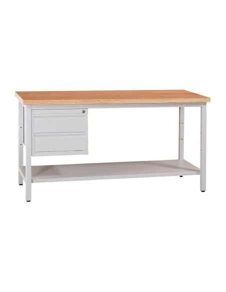Wolfstahl Werkbank stahl mit 2 Schubladen 160x60x84cm lichtgrau Tischplatte 30mm buche