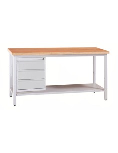 Wolfstahl Werkbank stahl mit 3 Schubladen 160x60x84cm lichtgrau Tischplatte 30mm buche