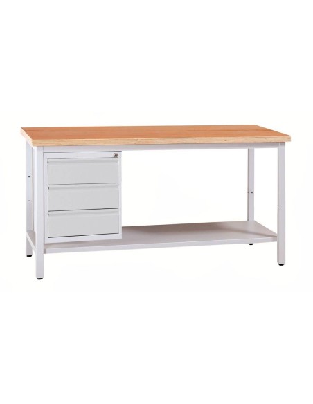 Wolfstahl Werkbank stahl mit 3 Schubladen 160x60x84cm lichtgrau Tischplatte 30mm buche