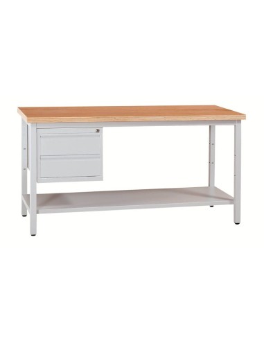 Wolfstahl Werkbank stahl mit 2 Schubladen 120x60x84cm lichtgrau Tischplatte 30mm buche