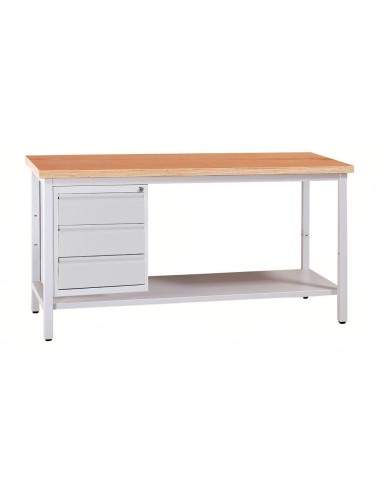 Wolfstahl Werkbank stahl mit 3 Schubladen 120x60x84cm lichtgrau Tischplatte 30mm buche