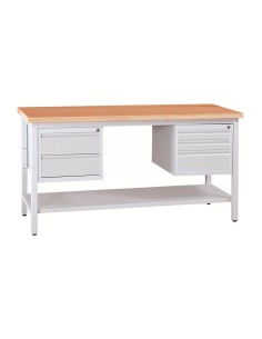 Wolfstahl Werkbank stahl mit 5 Schubladen 120x60x84cm lichtgrau Tischplatte 30mm buche