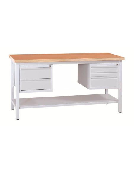 Wolfstahl Werkbank stahl mit 5 Schubladen 120x60x84cm lichtgrau Tischplatte 30mm buche