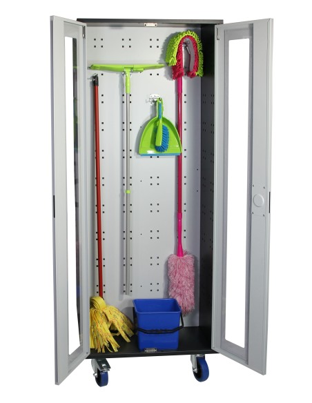 SmartCenter, Lochplatten-Schrank mit Halter für Putzpapierrollen, Abfallbehältern und Hakensortiment, Wannenböden