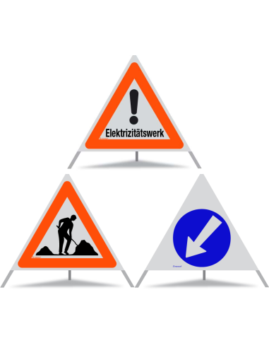 TRIOPAN Faltsignal 90 R1 Reflektierend Kombi mit Etui (Elektrizitätswerk - Baustelle - Links umfahren)