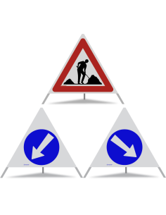 TRIOPAN Faltsignal 90 R2 Retro-reflektierend Kombi mit Etui (Baustelle - Links umfahren - Rechts umfahren)