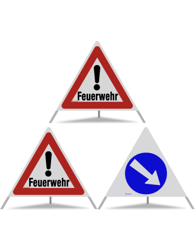 TRIOPAN Faltsignal 90 Kombi R2 Retro-reflektierend mit Etui (2x Feuerwehr - Rechts umfahren)