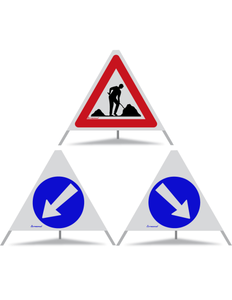 TRIOPAN Faltsignal 60 Kombi mit R2 Retro-reflektierend Etui (Baustelle - Links umfahren - Rechts umfahren)
