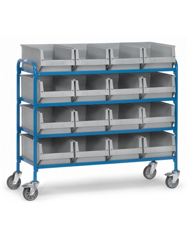 Fetra Beistellwagen mit 4x4 Kunststoff-Sichtlagerkästen, Ladefläche 1250 x 470 mm