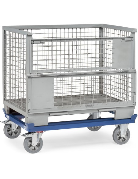 Fetra Paletten-Fahrgestell, Tragkraft 1200 kg, 1210 x 810 mm, Elastic-Vollgummiräder, blau