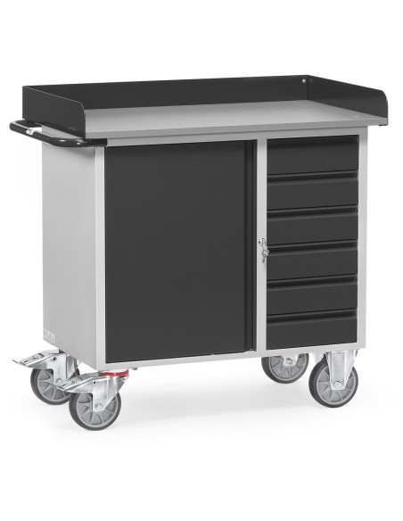 Fetra Werkstattwagen mit 1 Schrank + 6 Schubladen, Arbeitsplatte mit Abrollrand, Grey Edition