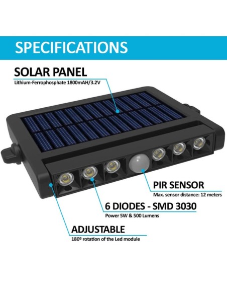 Solarstrahler - Schwenkbar - Led - 5W Chip - Bewegungssensor - 4000K