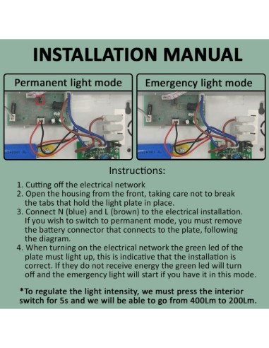 LED-Notlicht 400 Lm + Deckenmontagesatz - Auto-Test + Option für Dauerlicht - IP20 - 6500K