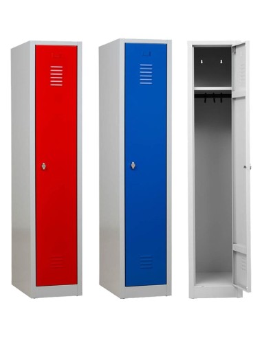Wolfstahl Garderobenschrank Kleiderspind 1 Schliessfach Drehriegelverschluss Lichtgrau - Feuerrot - Enzianblau