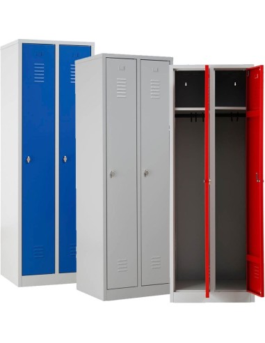 Wolfstahl Garderobenschrank Kleiderspind 2 Schliessfächer Drehriegelverschluss Lichtgrau - Feuerrot - Enzianblau