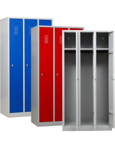 Wolfstahl Garderobenschrank Kleiderspind 3 Schliessfächer Drehriegelverschluss Lichtgrau - Feuerrot - Enzianblau