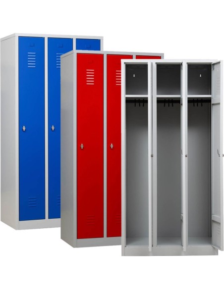 Wolfstahl Garderobenschrank Kleiderspind 3 Schliessfächer Drehriegelverschluss Lichtgrau - Feuerrot - Enzianblau