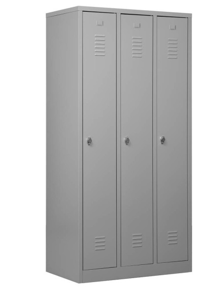 Wolfstahl Garderobenschrank Kleiderspind 3 Schliessfächer Drehriegelverschluss Lichtgrau - Feuerrot - Enzianblau