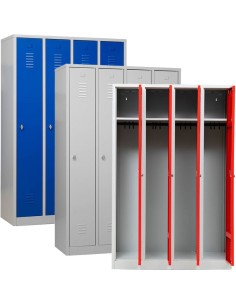 Wolfstahl Garderobenschrank Kleiderspind 4 Schliessfächer Drehriegelverschluss Lichtgrau - Feuerrot - Enzianblau