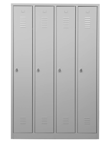 Wolfstahl Garderobenschrank Kleiderspind 4 Schliessfächer Drehriegelverschluss Lichtgrau - Feuerrot - Enzianblau