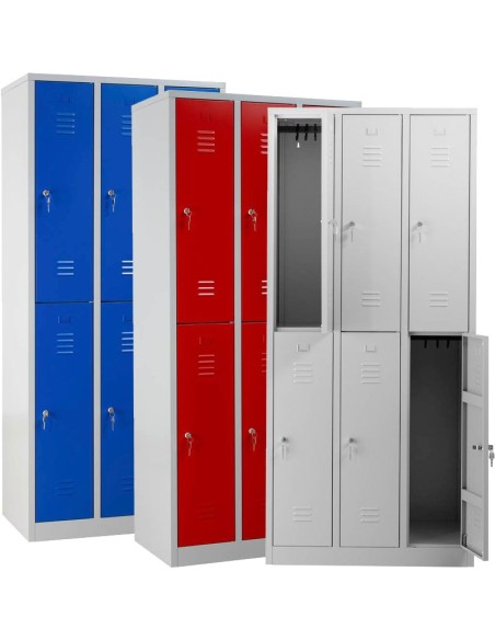 Wolfstahl Garderobenschrank Kleiderspind 6 Schliessfächer Zylinderschloss Lichtgrau - Feuerrot - Enzianblau