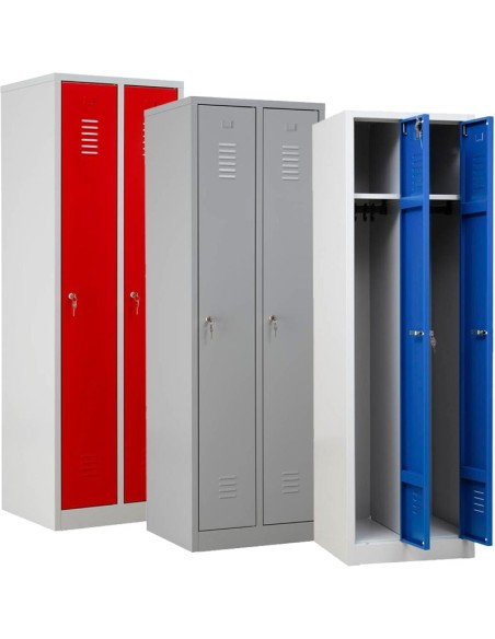 Wolfstahl Garderobenschrank Kleiderspind 2 Schliessfächer Zylinderschloss Lichtgrau - Feuerrot - Enzianblau