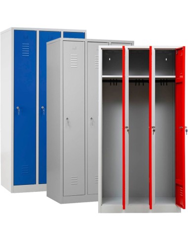 Wolfstahl Garderobenschrank Kleiderspind 3 Schliessfächer Zylinderschloss Lichtgrau - Feuerrot - Enzianblau