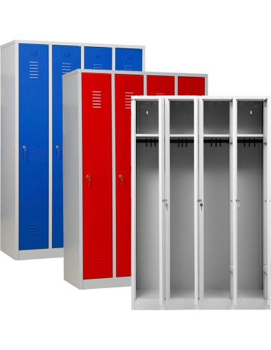 Wolfstahl Garderobenschrank Kleiderspind 4 Schliessfächer Zylinderschloss Lichtgrau - Feuerrot - Enzianblau