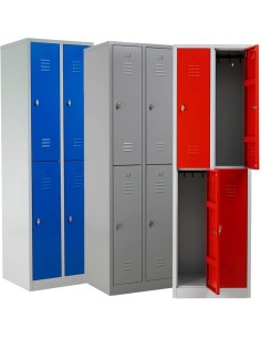 Wolfstahl Garderobenschrank Kleiderspind 4 Schliessfächer Drehriegelverschluss Lichtgrau - Feuerrot - Enzianblau