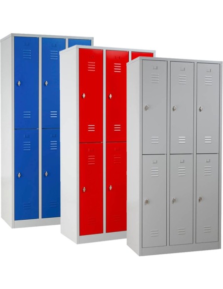 Wolfstahl Garderobenschrank Kleiderspind 6 Schliessfächer Drehriegelverschluss Lichtgrau - Feuerrot - Enzianblau