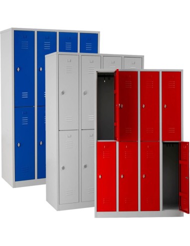Wolfstahl Garderobenschrank Kleiderspind 8 Schliessfächer Drehriegelverschluss Lichtgrau - Feuerrot - Enzianblau
