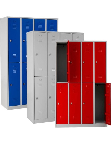 Wolfstahl Garderobenschrank Kleiderspind 8 Schliessfächer Drehriegelverschluss Lichtgrau - Feuerrot - Enzianblau