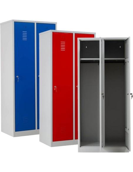 Wolfstahl Garderobenschrank Kleiderspind 2 Schliessfächer Zylinderschloss Lichtgrau - Feuerrot - Enzianblau