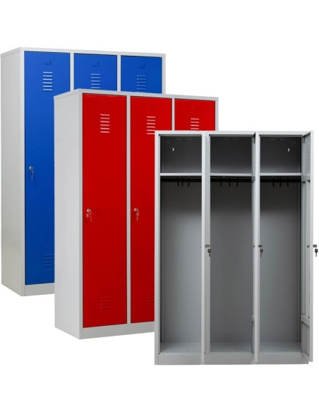 Wolfstahl Garderobenschrank Kleiderspind 3 Schliessfächer Zylinderschloss Lichtgrau - Feuerrot - Enzianblau