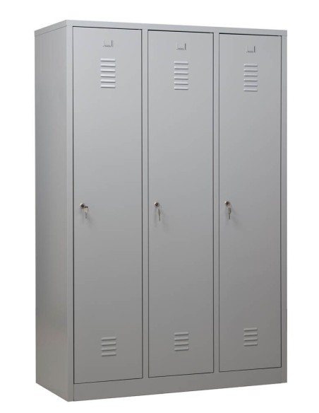 Wolfstahl Garderobenschrank Kleiderspind 3 Schliessfächer Zylinderschloss Lichtgrau - Feuerrot - Enzianblau