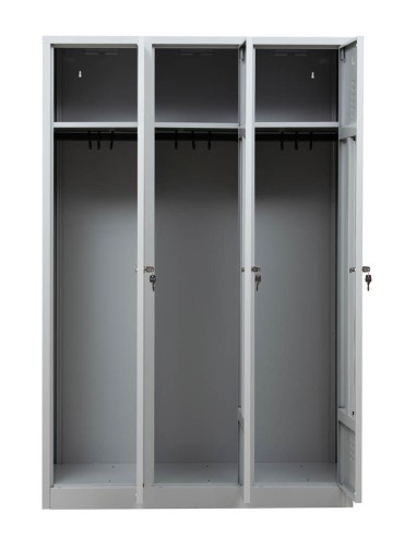 Wolfstahl Garderobenschrank Kleiderspind 3 Schliessfächer Zylinderschloss Lichtgrau - Feuerrot - Enzianblau